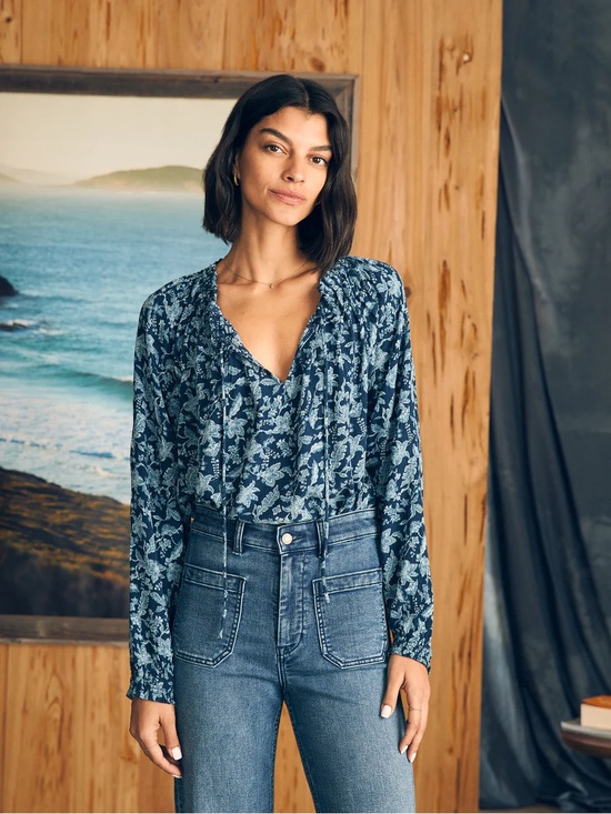 Faherty Tops - Faherty Emery Top Blue Floral Blouse Long Sleeve Peasant Ruffle Relaxed Fit